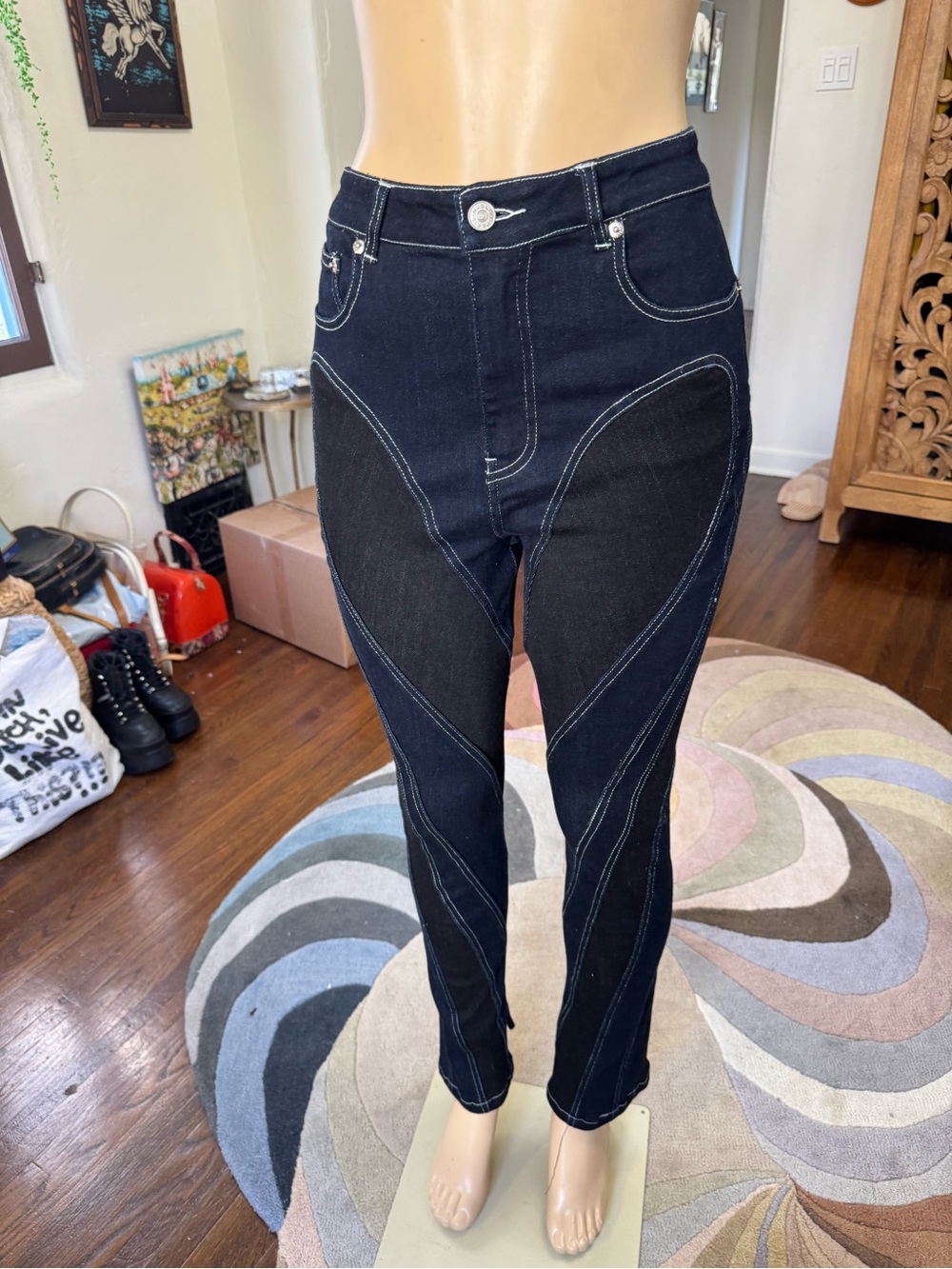 Mugler Inspired High-Waisted Black and Blue Jeans with Contrast Stitching